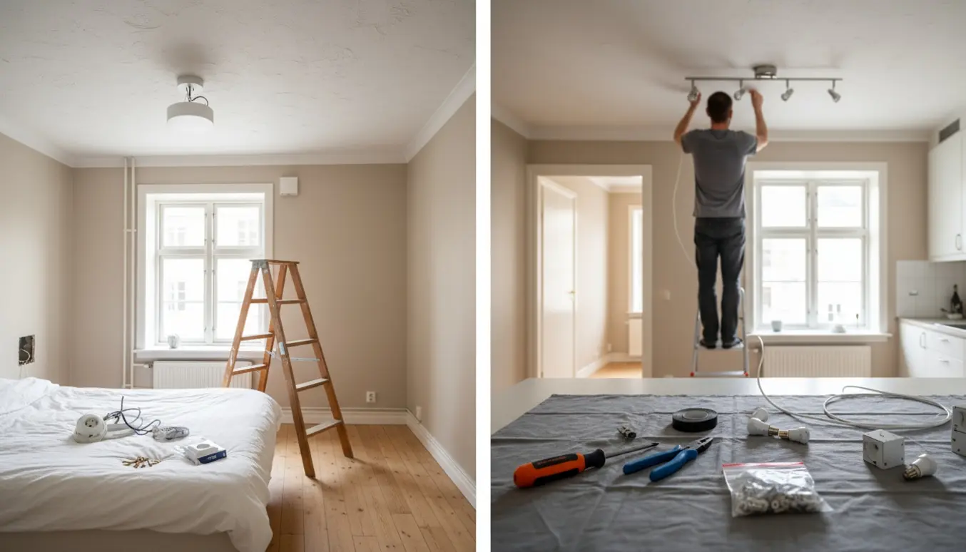 Person på stige installerer loftlamper og udskifter en stikkontakt med værktøj og ledninger i forgrunden.