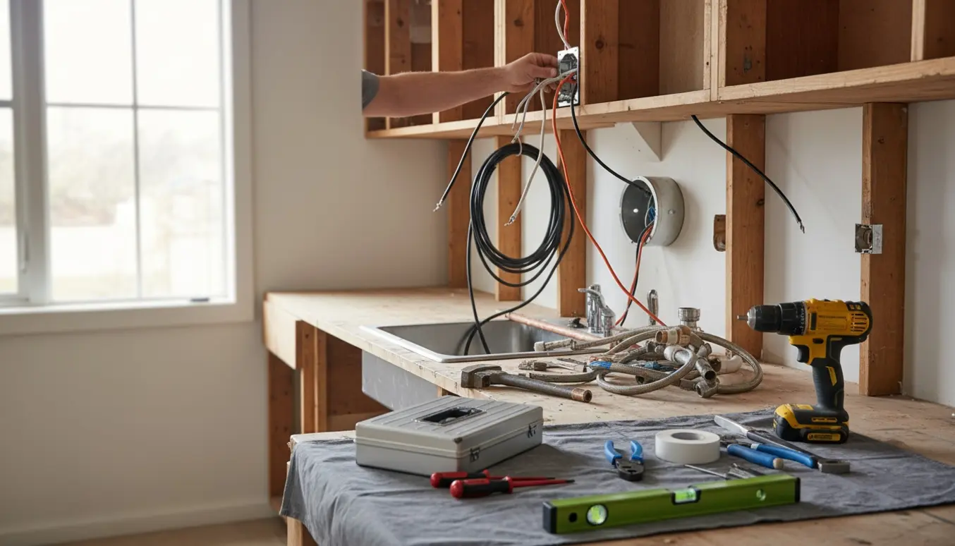 Delvist afmonteret køkken med elektriker, der trækker ledning og synlige VVS-rør.