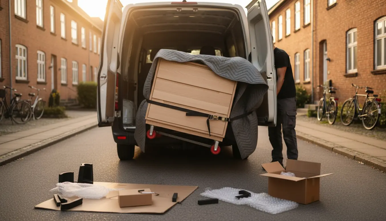 En varevogn læsser en skuffedresser ind, beskyttet med flyttetæpper og stropper på en rolig københavnsk villavej.