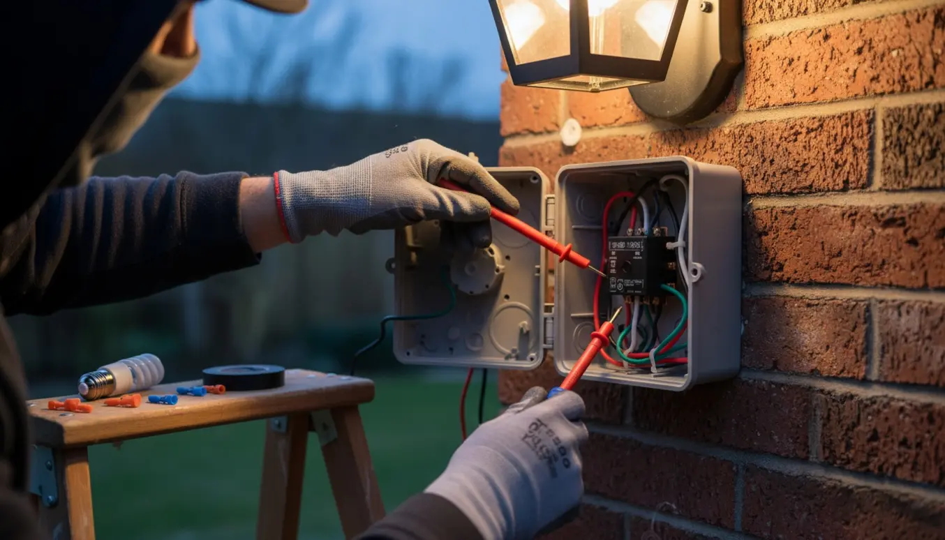 Hænder tester relæ i en åben udendørs tilslutningsboks under en tændt væglampe.
