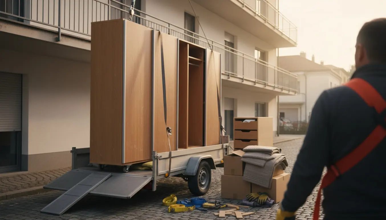 Et 2 m bredt skab delt i to bæres fra 2. sal ned til en trailer med flyttetæpper og stropper.