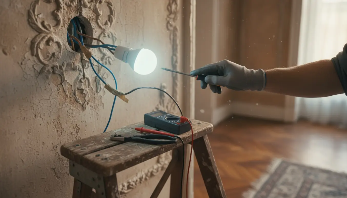 Hænder på en elektriker på en stige undersøger en svagt lysende LED-lampe og blå og brune ledninger i en gammel lejlighed.