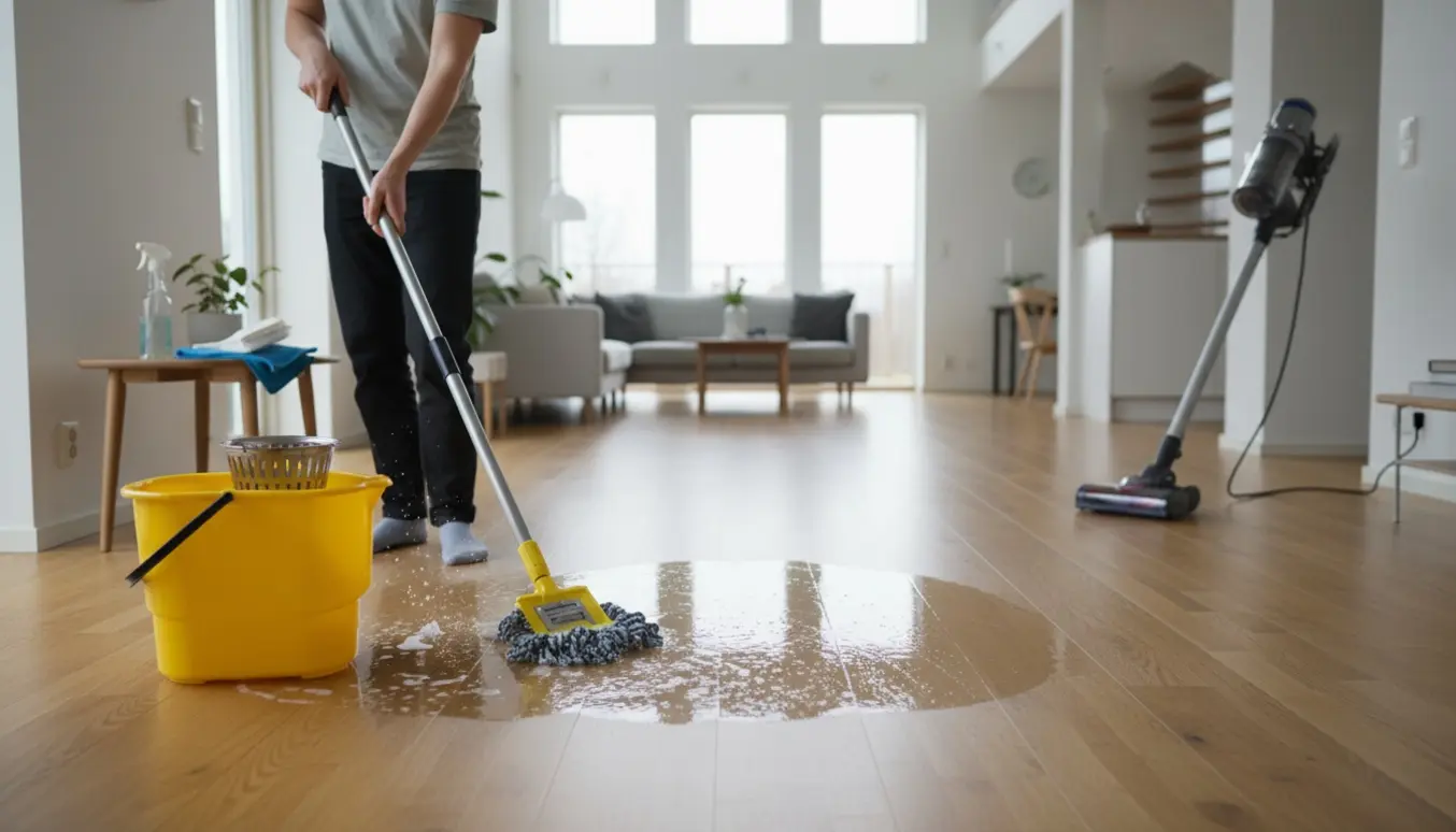 Rengøring i et lyst, skandinavisk hjem med mopper og støvsuger, hvor gulvet er delvist vådt og nyligt rengjort.