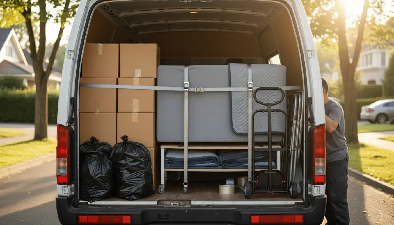 Åben varevogn med stablede flyttekasser, sorte sække, tv-bord på hjul, tøjstativ og indpakket fladskærm klar til transport.