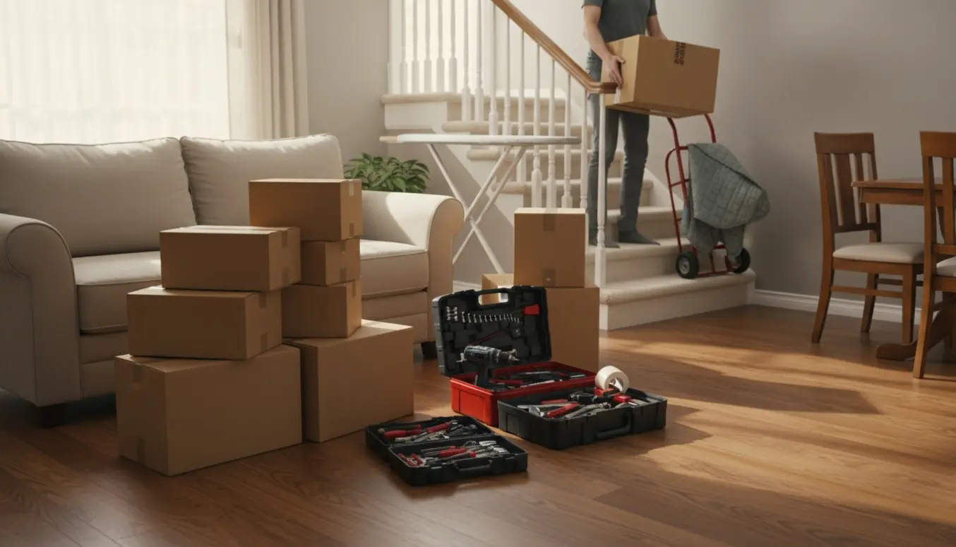 Flyttekasser, stole og værktøj bæres op ad en trappe i en lys lejlighedsopgang.