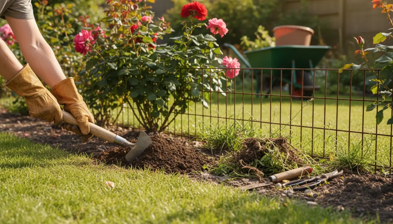 Hænder i haverhandsker renser ukrudt og afretter kanten omkring roser ved et trådhegn.