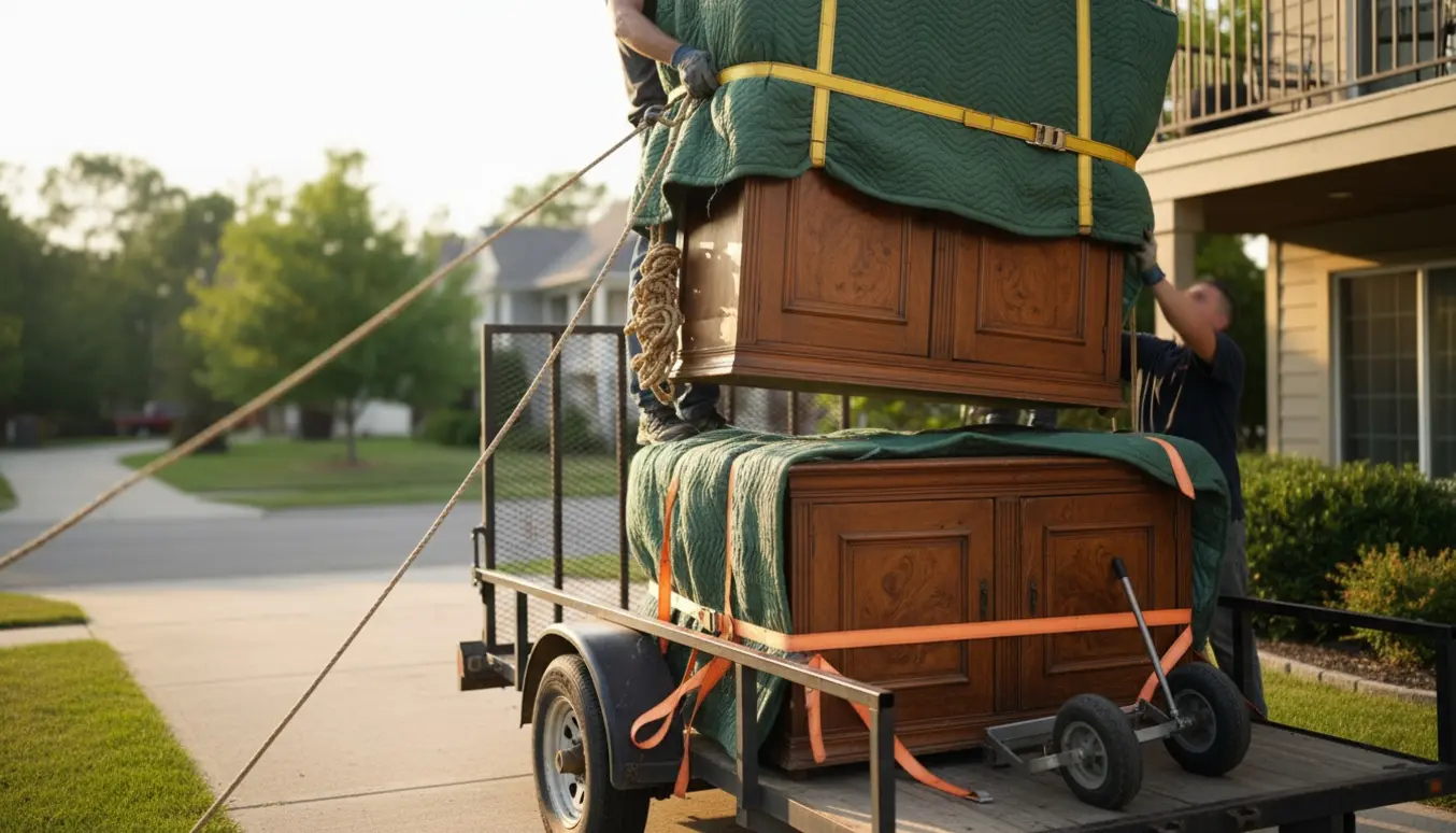 To personer sænker to halvdele af et træskab fra 2. sal ned på en trailer, beskyttet af flyttetæpper.