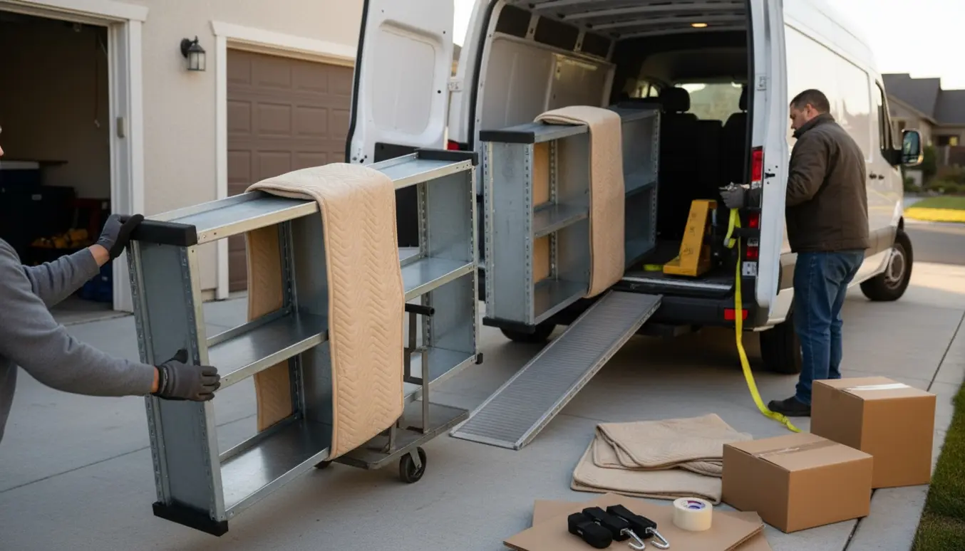 Fire stålreoler pakket og læsset i en varevogn ved afhentning på en indkørsel.