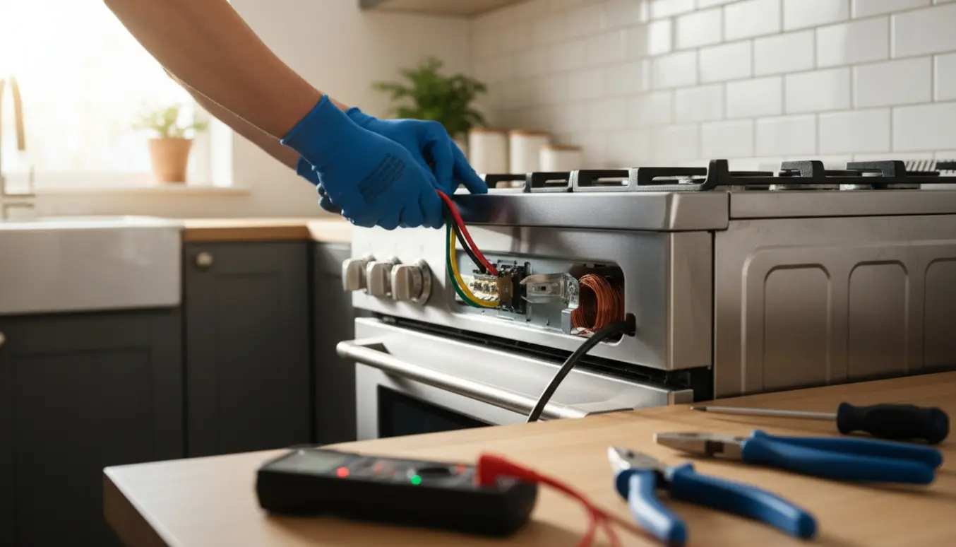 Elektriker tilslutter et komfur i et moderne køkken, kun hænder og værktøj er synlige.