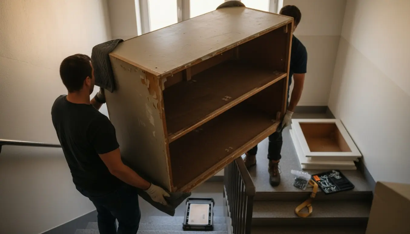 To personer bærer et tungt, lågeløst overskab ned ad en opgang med flyttemåtter og værktøj i baggrunden.