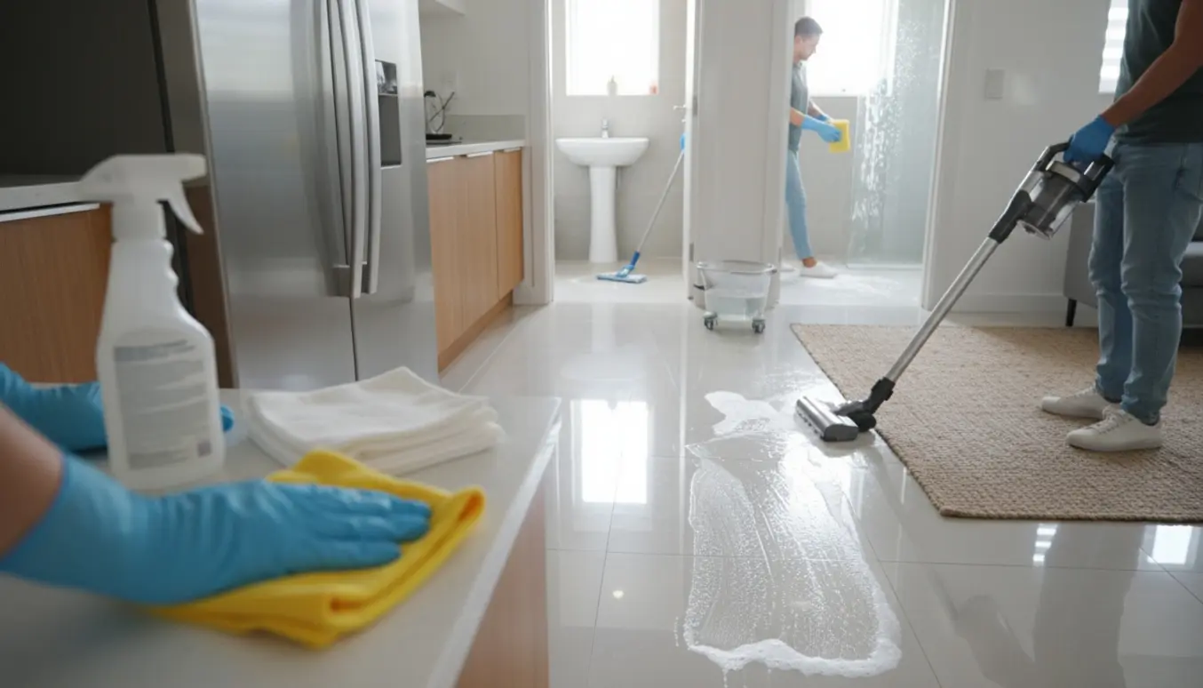 Hænder rengør køleskab og gulv med støvsuger og moppe i en lys stue og køkken, badeværelse i baggrunden.