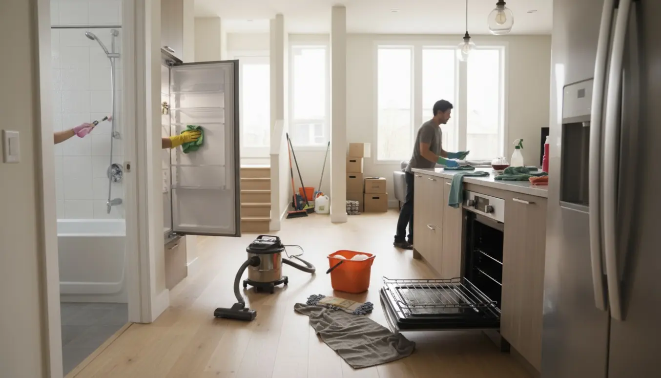 Dybt rengjort stue og køkken med moppe, støvsuger, åben ovn og trappe til kælderen.