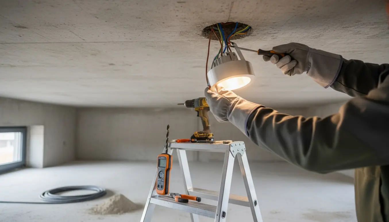 Nærbillede af montør, der installerer en loftslampe i et råt betonloft med værktøj og synlige ledninger.
