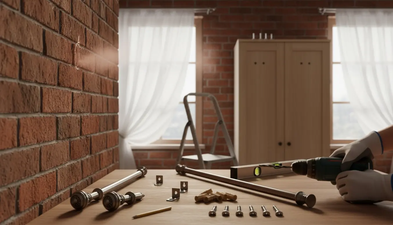 Hænder med boremaskine monterer gardinstang og skruer i murstensvæg ved siden af et klædeskab.