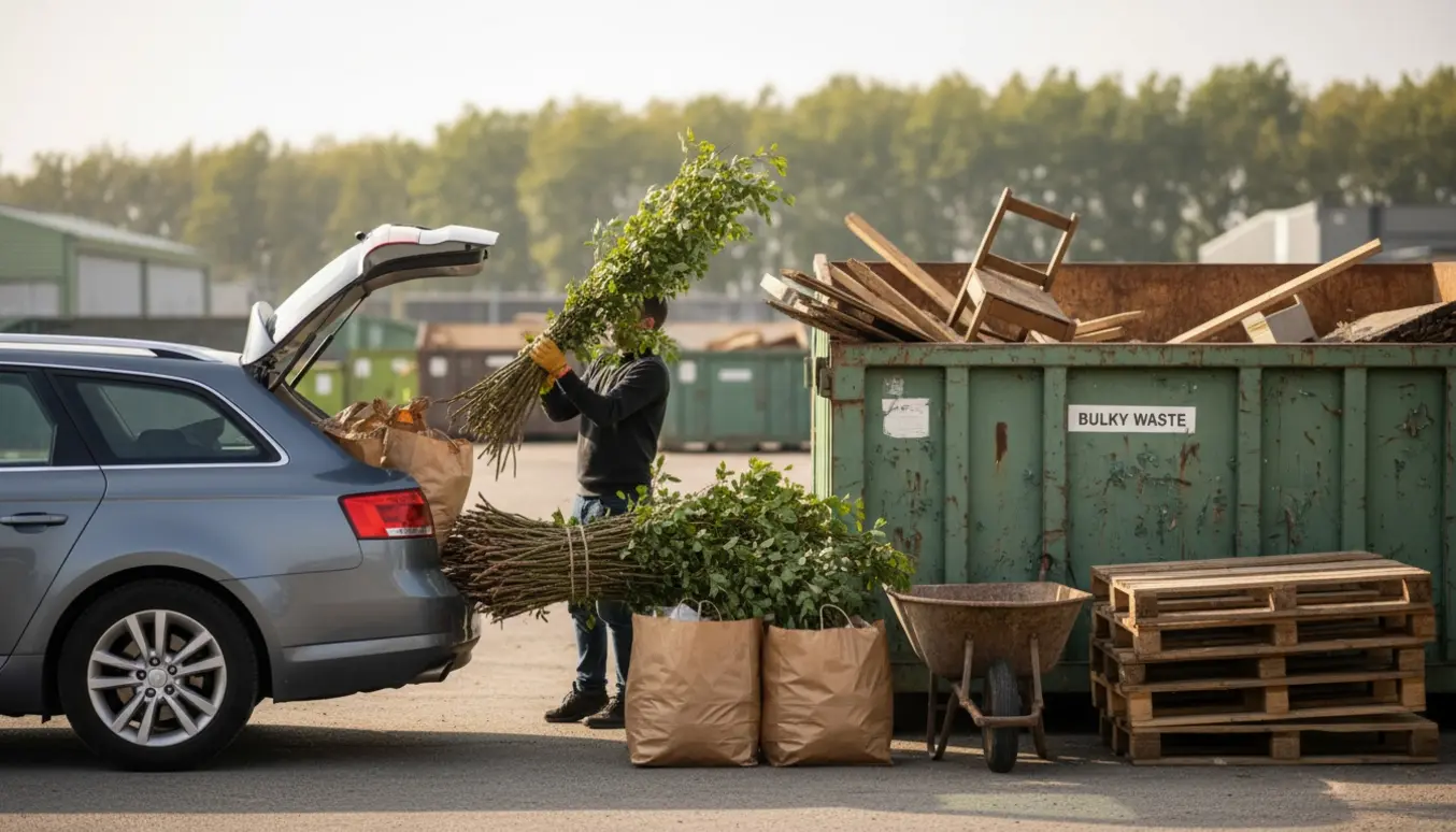 Bil ved genbrugspladsen, hvor haveaffald og store brændbare trædele læsses i en container.