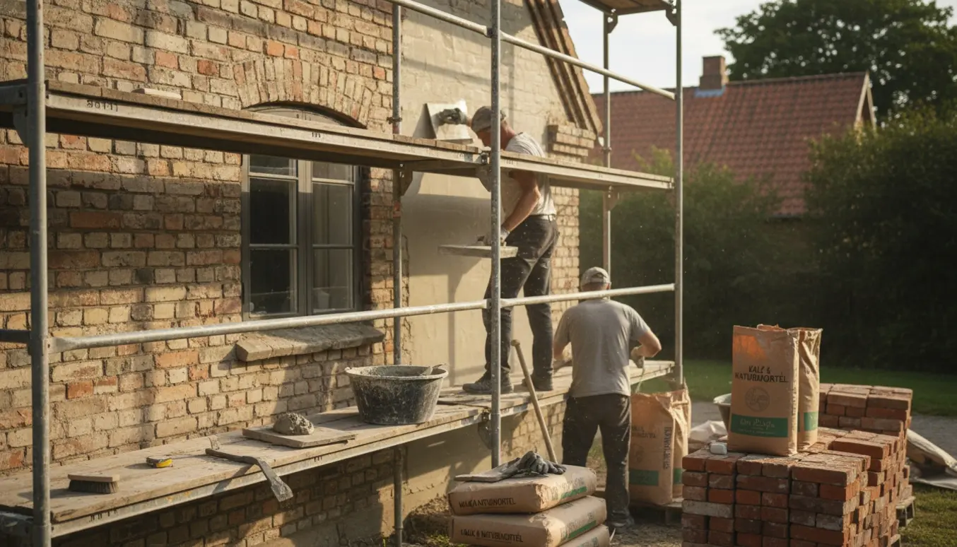 Murer pudser og reparerer facade og gavl på en ældre ejendom med stillads og værktøj.