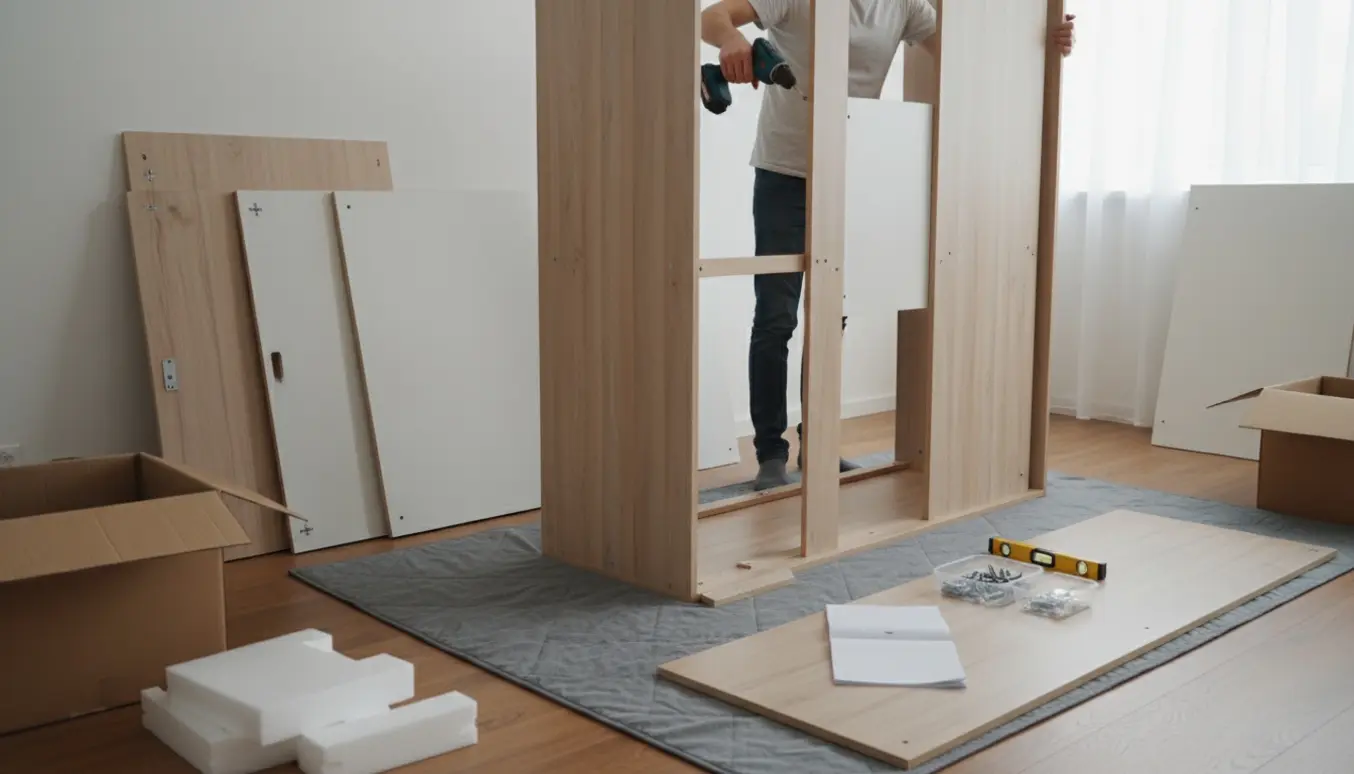 Delvist samlet fladpakket garderobe i en lys stue med værktøj og hænder i arbejde.