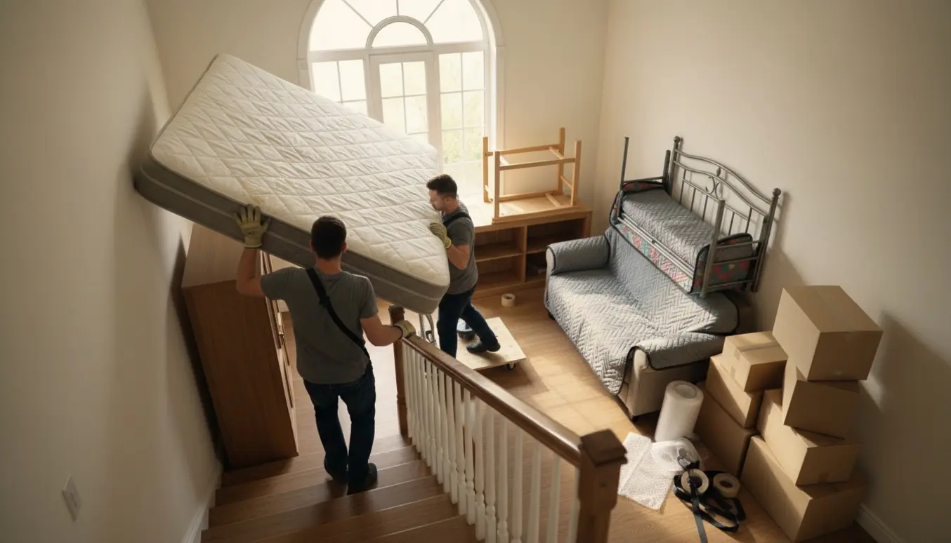 To personer bærer en stor madras op ad en trappe med adskilte møbler og flyttekasser i lejligheden.