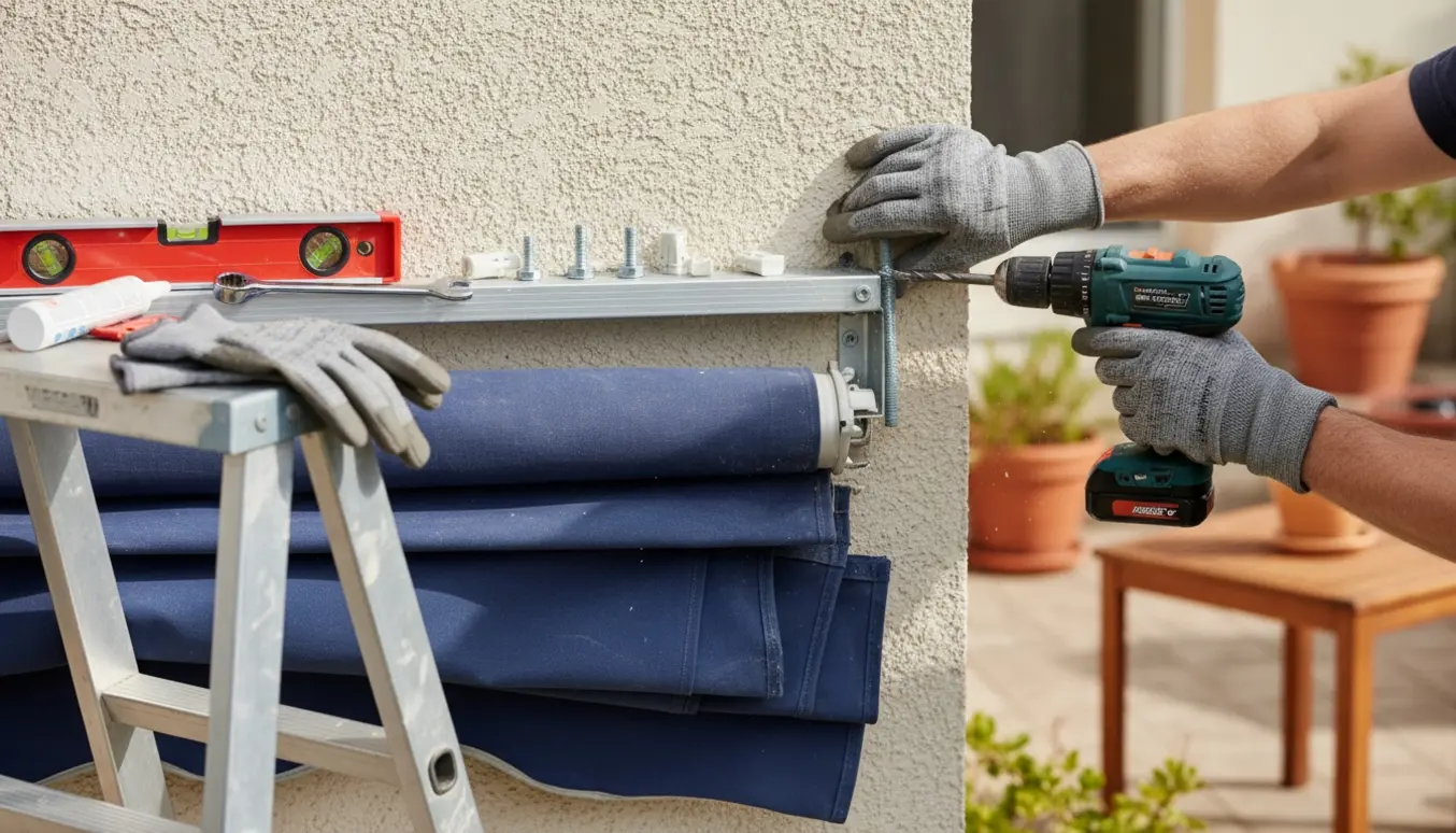 Hænder genmonterer en markise på husmuren med boremaskine og beslag.