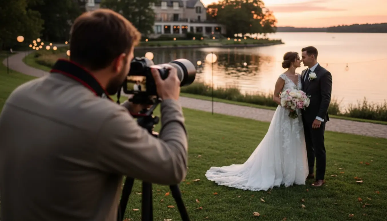 Bryllupsfotograf fotograferer brudepar ved en sø og et hotel i gyldent sollys.