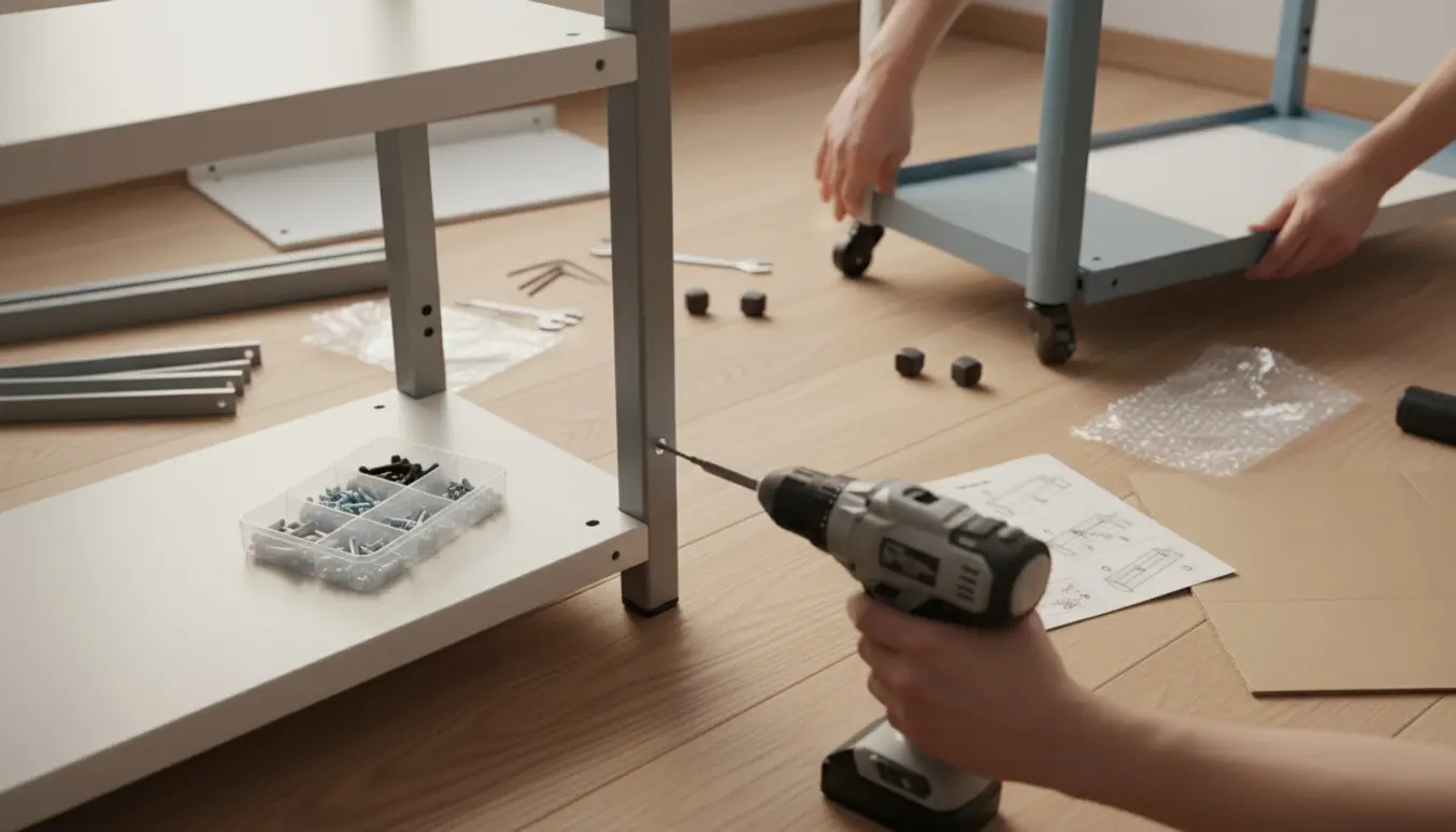 Delvist samlet metalreol og rullebord på trægulv med elskruemaskine og værktøj, kun hænder synlige.