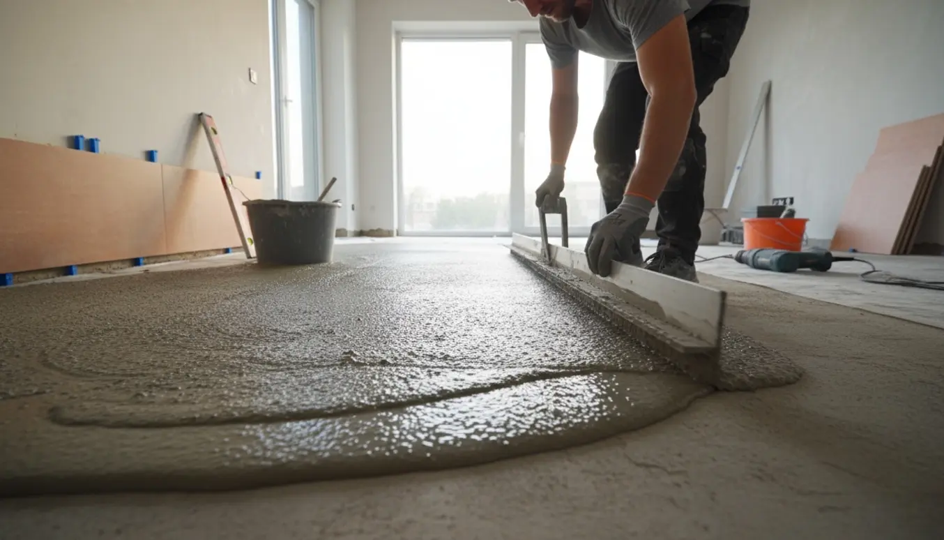 Nærbillede af udglatning af flydespartel på et betongulv i et rum klar til fliser.