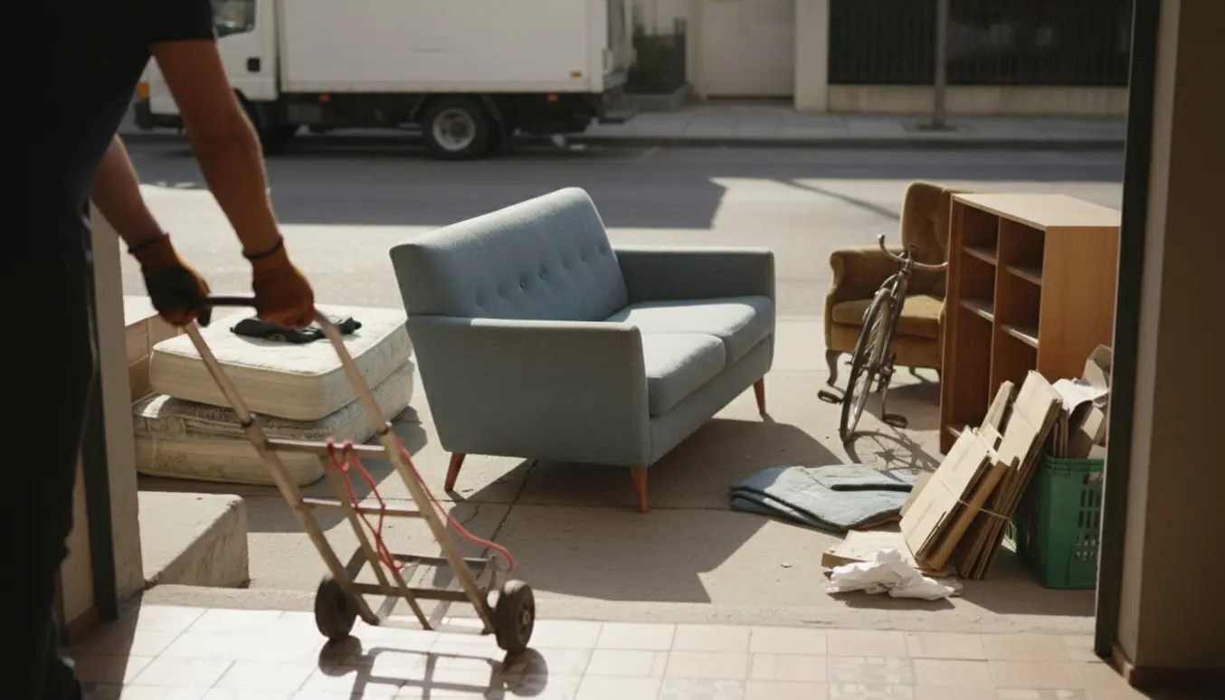 Hænder trækker en gammel sofa på en sækkevogn fra stueetagen mod storskraldsopsamling på fortovet.