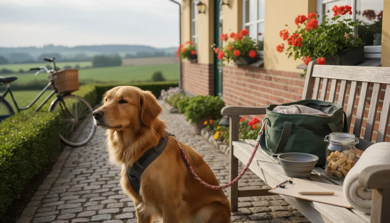 Hund bliver forberedt til pasning uden for et hyggeligt dansk hjem med sele, taske og vandskål.
