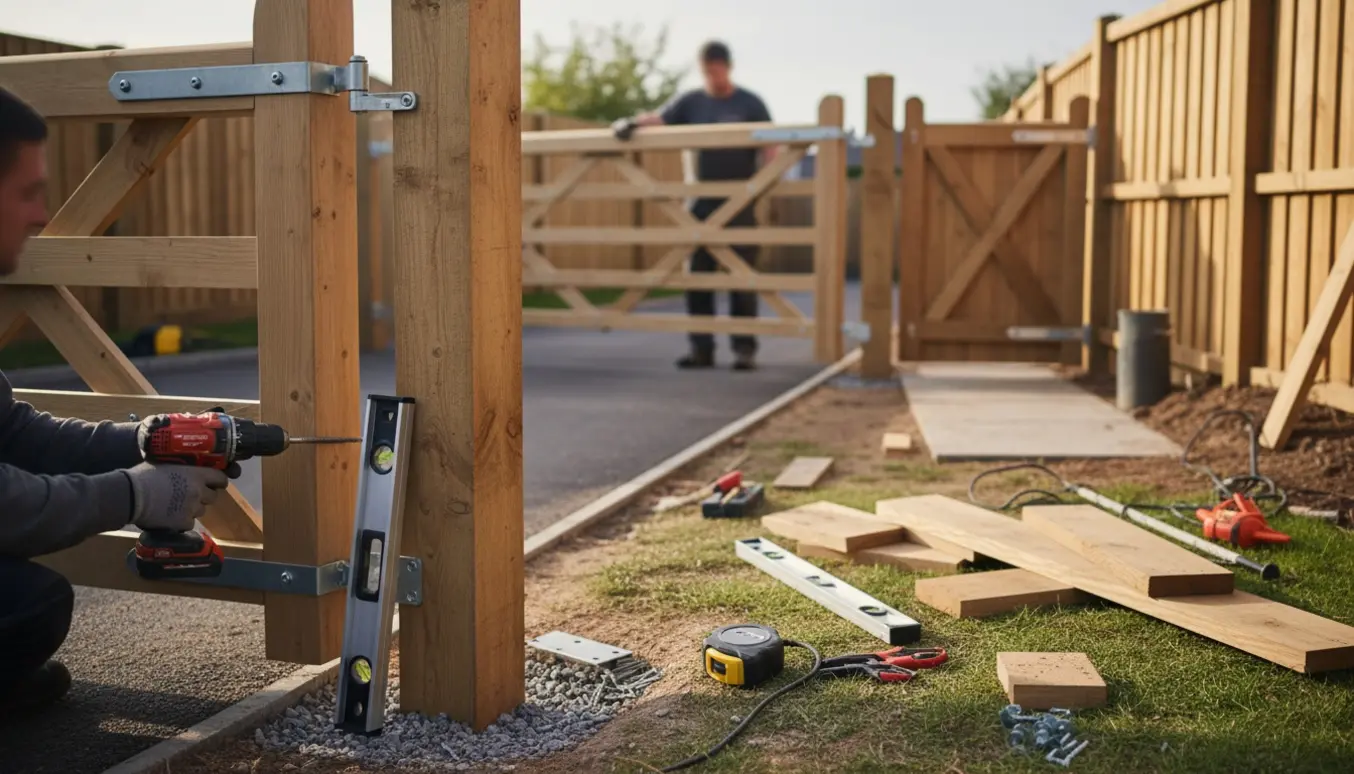 To træhavelåger installeres ved en carport, hængsler monteres på en nybehandlet trælåge.