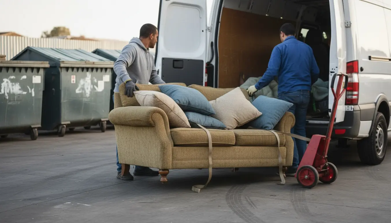 To personer bærer en brugt to-personers sofa med fem løse hynder op i en varebil ved en genbrugsplads.