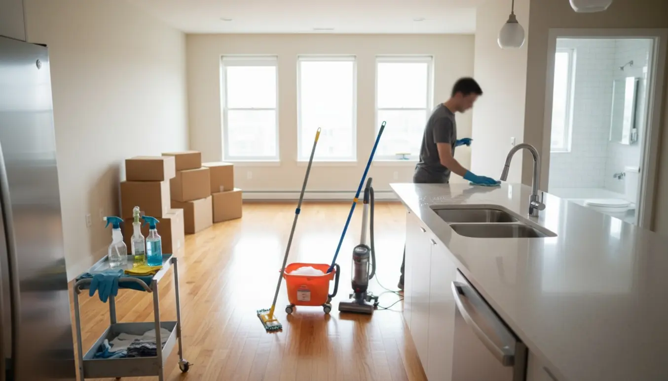 Solrigt, ryddet lejlighed ved fraflytning med rengøringsudstyr og en person set bagfra, der pudser køkkenvasken.