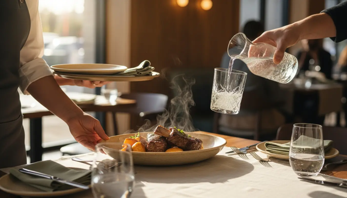 En tjener sætter mad på et træbord og skænker drikke op i en hyggelig restaurant, ansigter er ude af fokus.