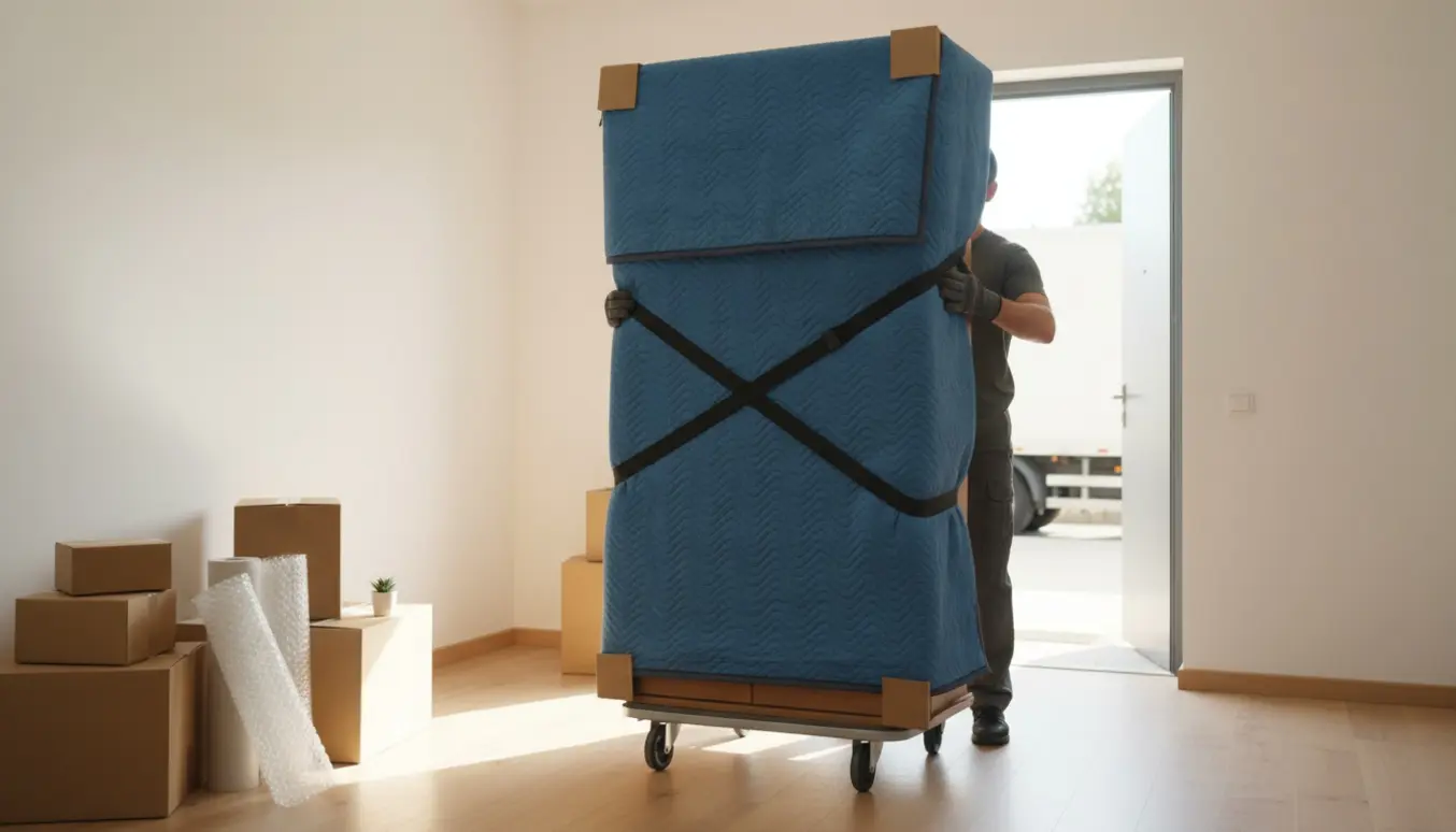 To hjælpere flytter et tungt klædeskab med flyttestropper i en lejlighedsindgang.