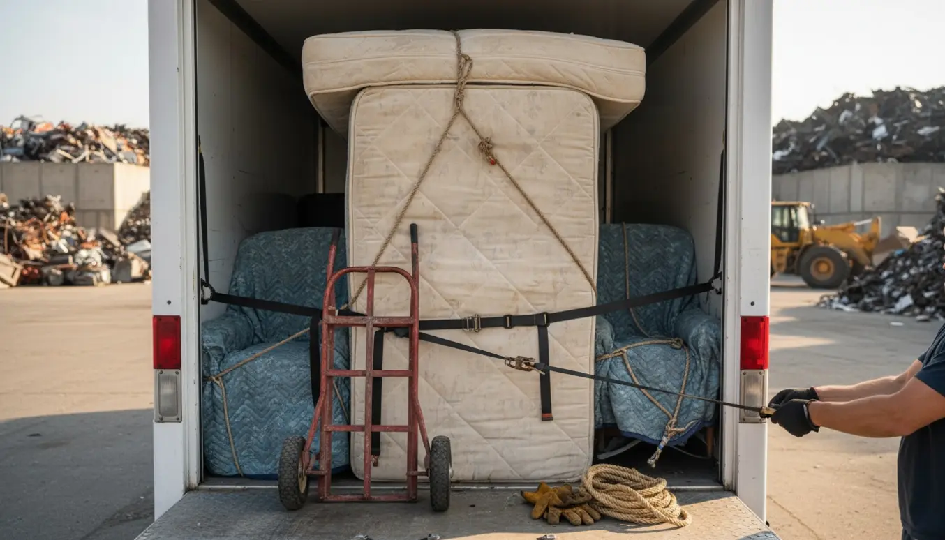 Lastbil ved genbrugsplads med en boxmadras, topmadras og to lænestole pakket og spændt fast.