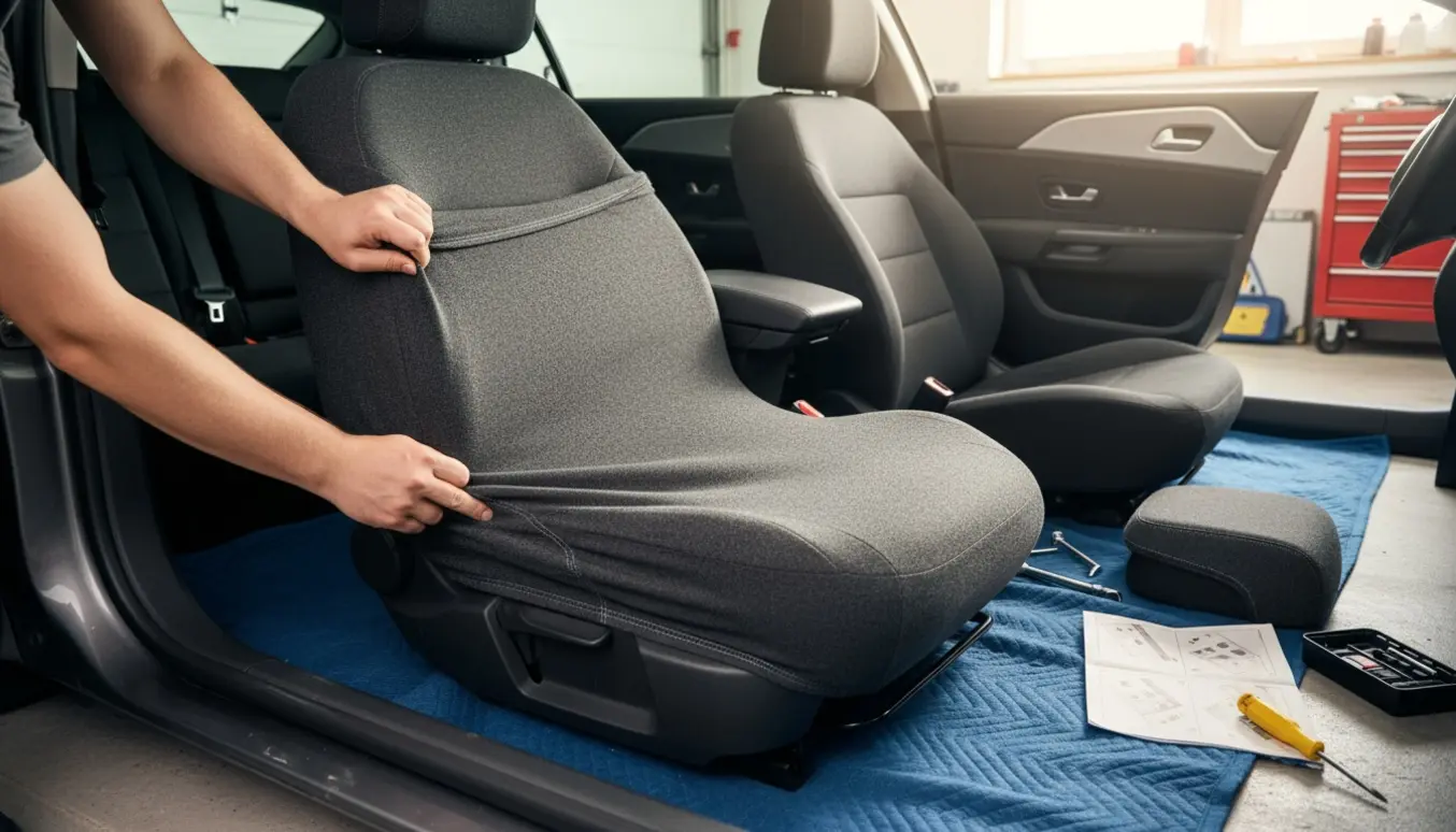 Hænder trækker et nyt sædeovertræk på forreste bilsæde, mens det andet sæde ligger delvist fjernet på garagegulvet.