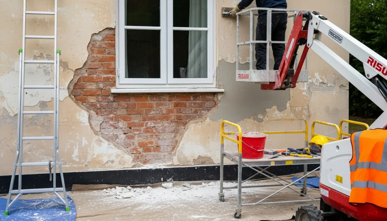 Afskallet facade under et vindue med stige og lift ved reparation.