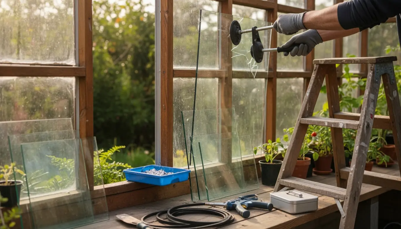 Nærbillede af handskerede hænder, der monterer en ny glasplade i en drivhusramme med værktøj og ekstra ruder ved siden af.
