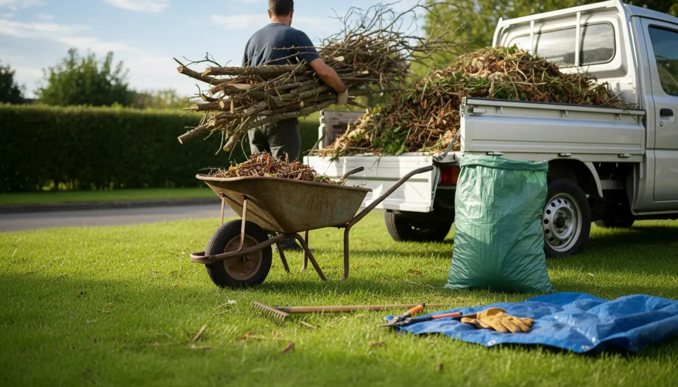 Person læsser haveaffald i ladet på en lille pickup med trillebør og grønne sække i blødt sollys.