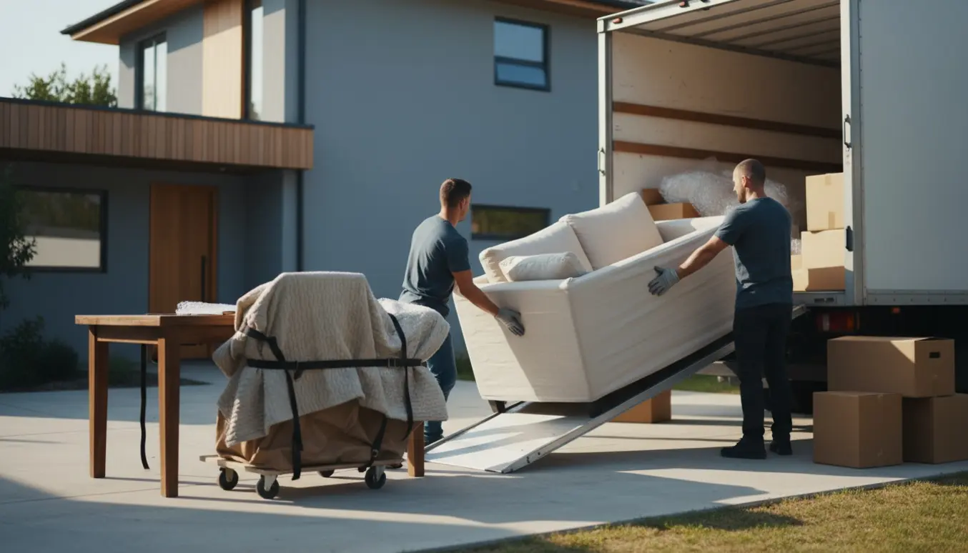 Flyttefolk læsser indpakket sofa og kasser ind i en flyttebil i en indkørsel, ansigter ikke synlige.