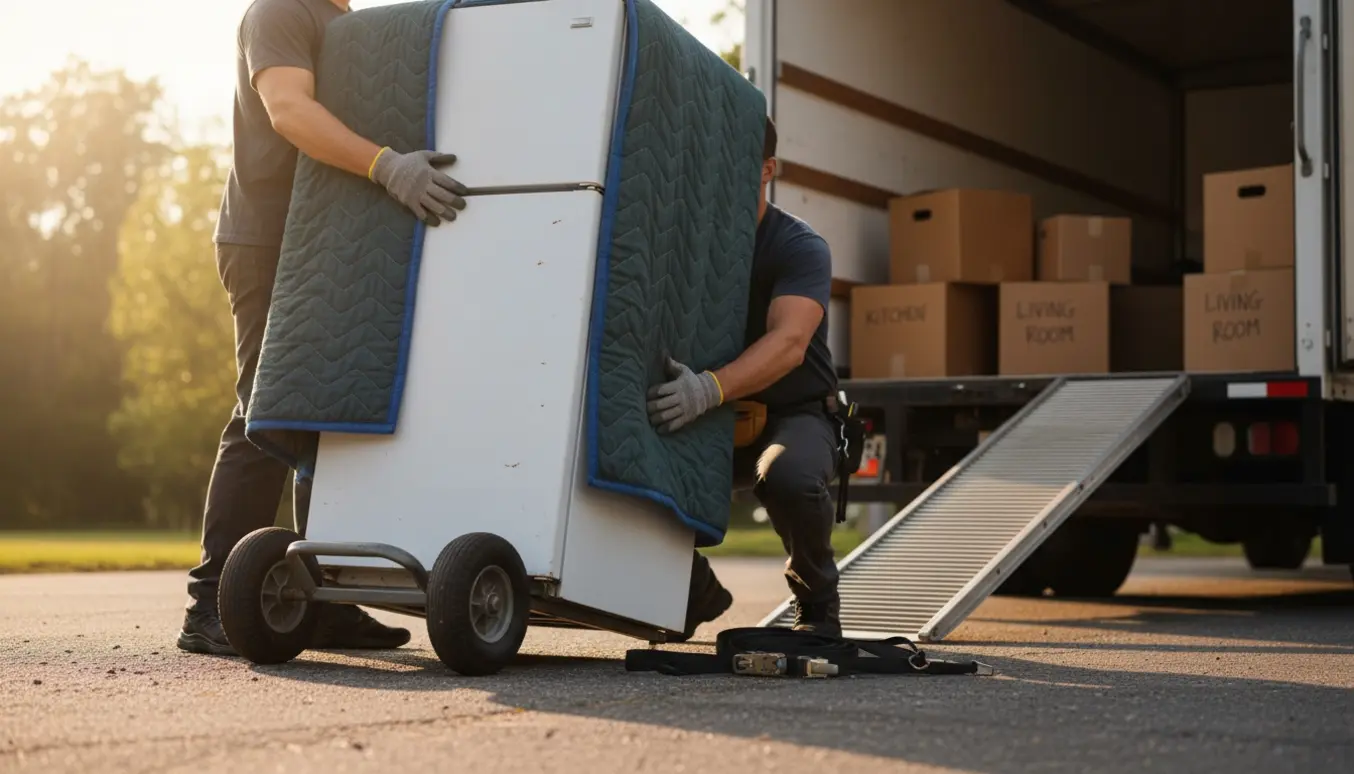 To flyttemænd læsser et gammelt, bulet køleskab op på en flyttevogn i blødt morgenlys.