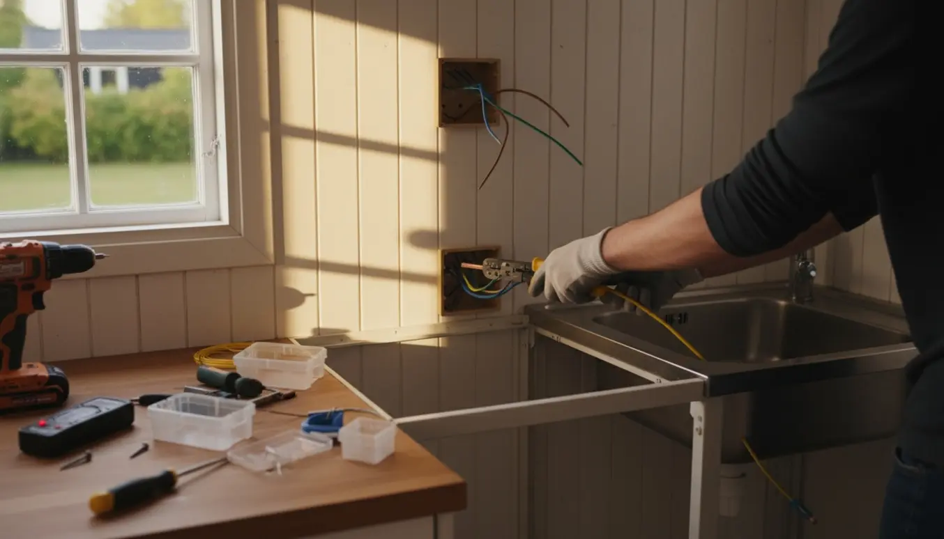 Installation af to stikdåser i et lille kolonihavekøkken med værktøj og synlige kabler.