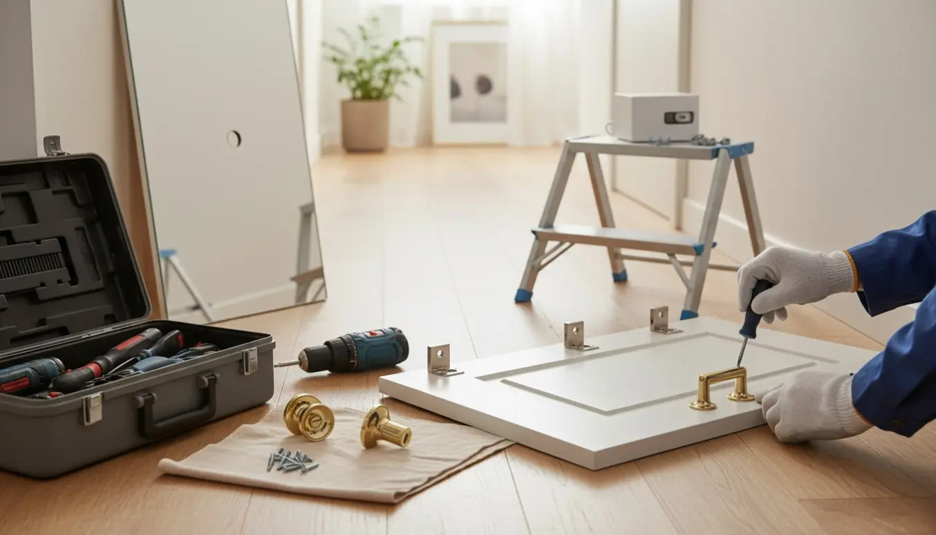 Nærbillede af hænder og værktøj klar til at montere skabslåge, greb, spejl, væglampe og dørhåndtag.