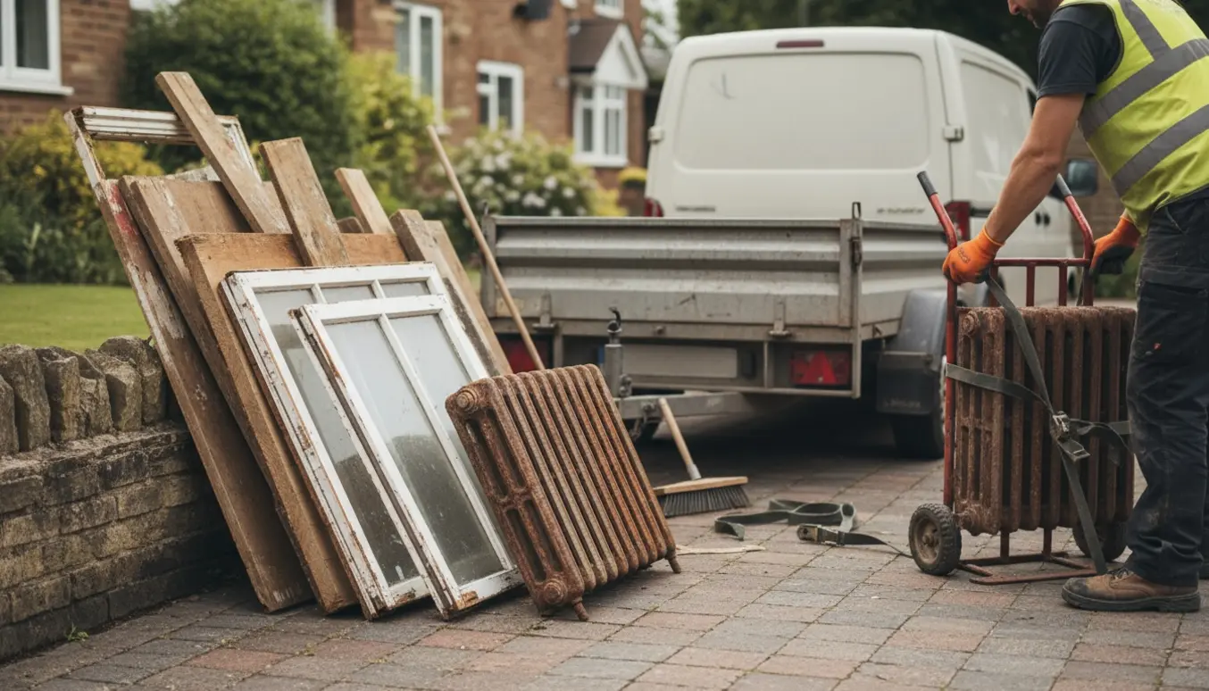 Lastning af en lille bunke byggeaffald med træplanker, radiatorer og vinduesrammer på en indkørsel.
