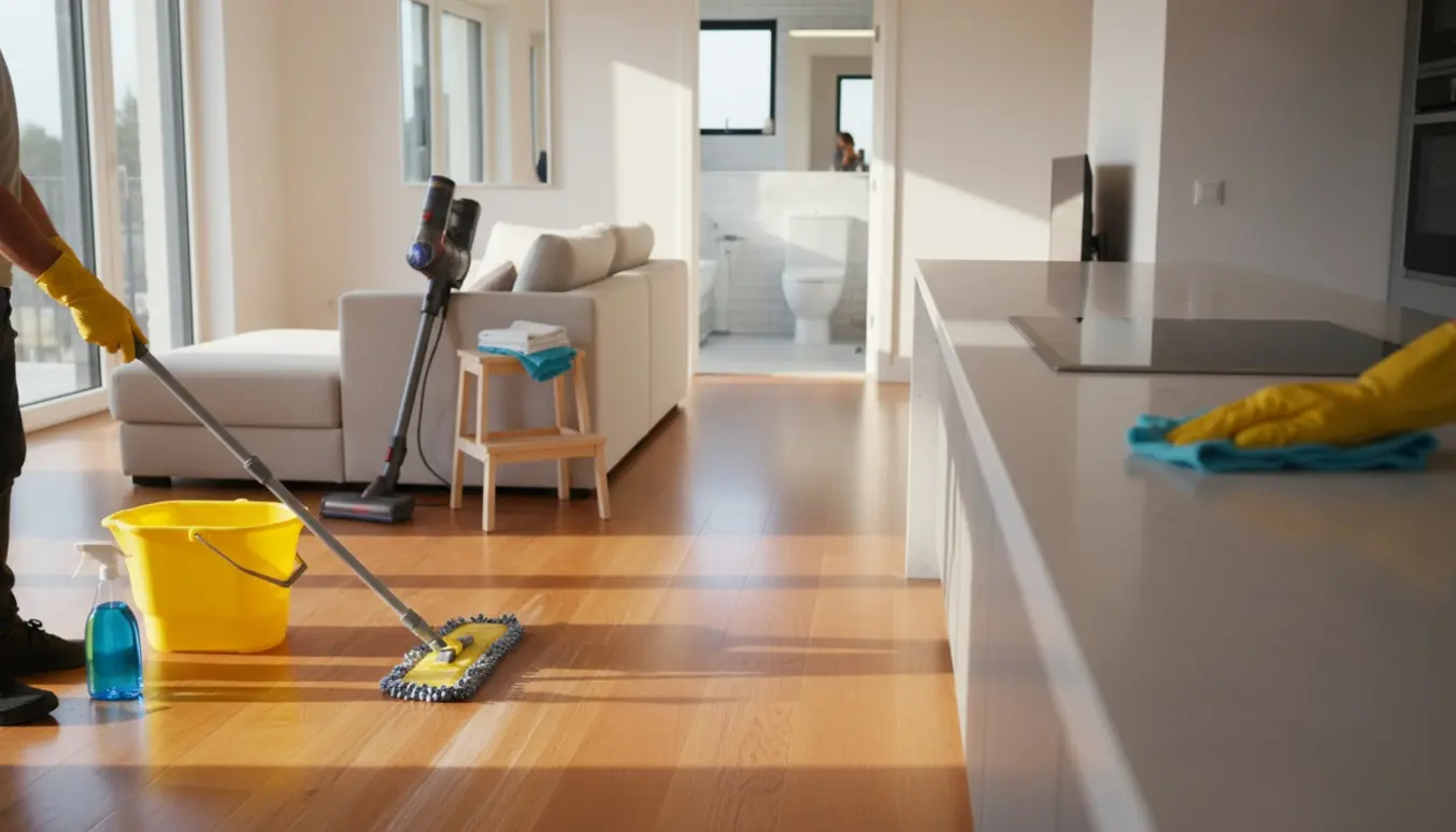 Hænder vasker trægulv med moppe i et lyst, åbent hjem med rengøringsspand og rene overflader.
