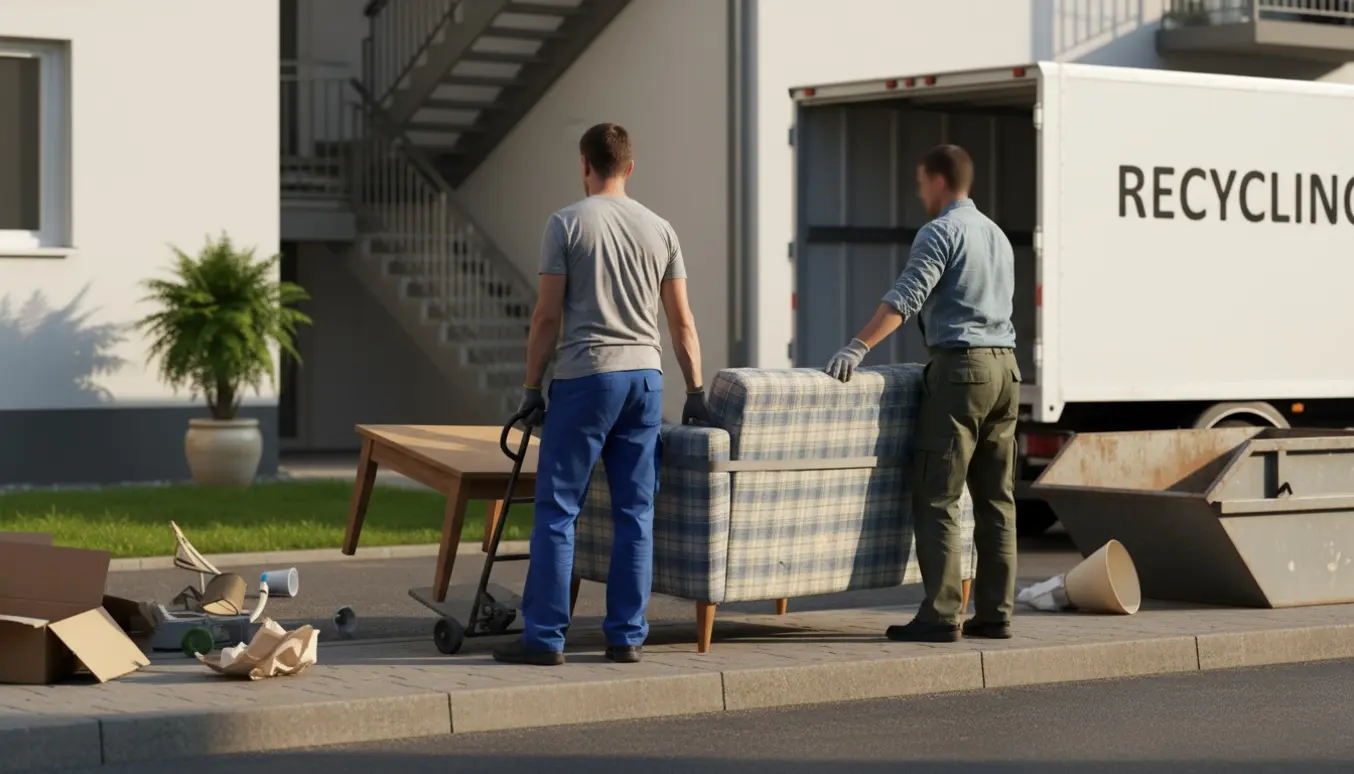 To flyttemænd bærer en slidt sofa og et sofabord ud til afhentning ved fortovet.