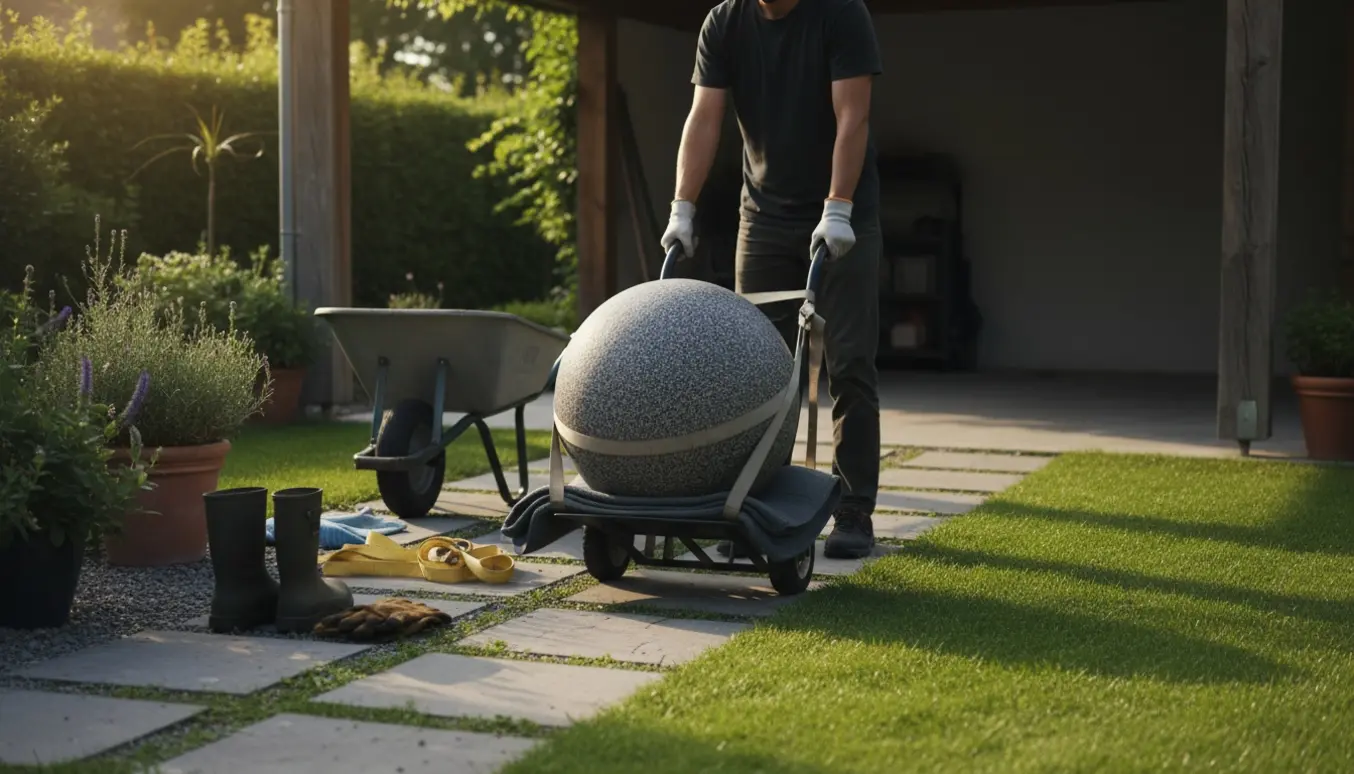 Transport af en 40 cm granitkugle fra have til carport med sækkevogn og remme.
