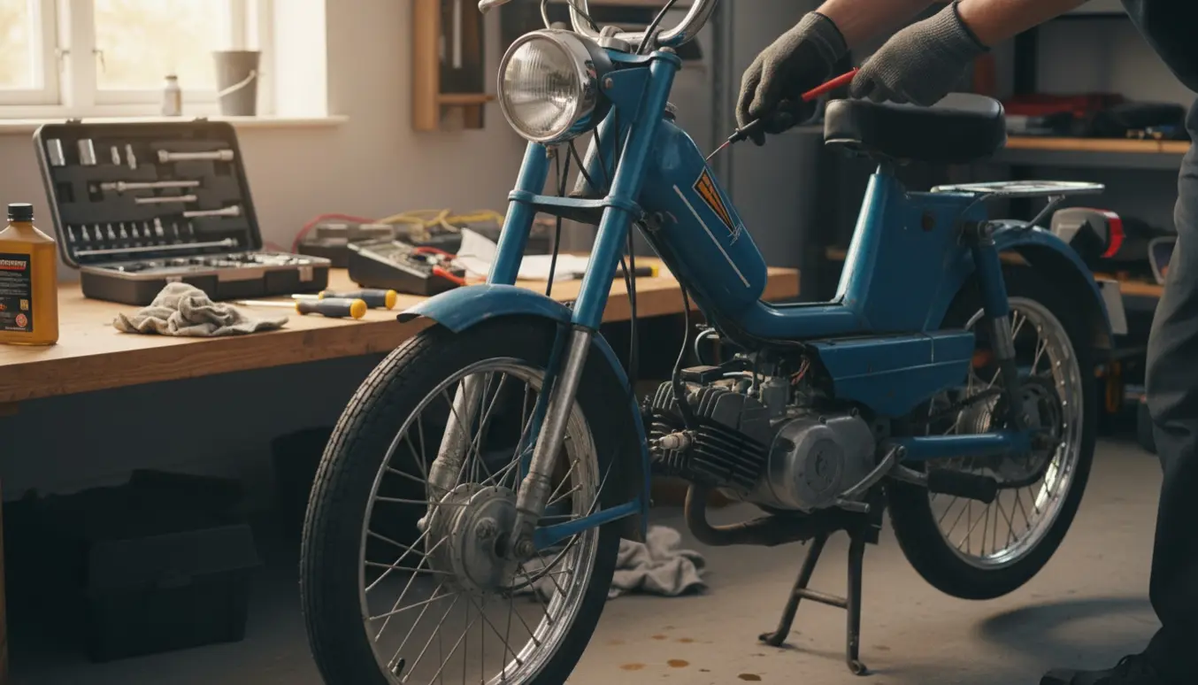 Knallert på buk med åbent motordæksel og hænder, der undersøger batteri og kickstart.