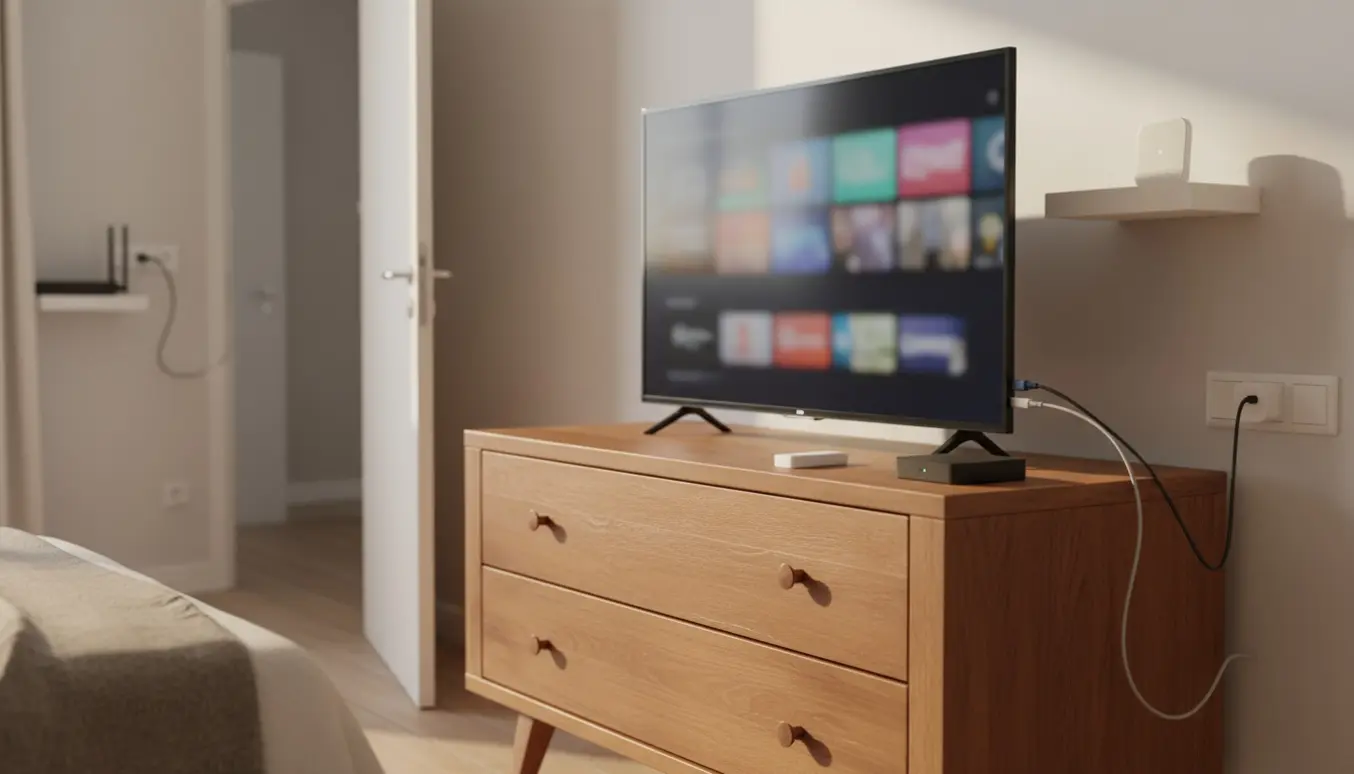 Hænder tilslutter HDMI og Ethernet til et soveværelses-TV med powerline-adapter og router i baggrunden.