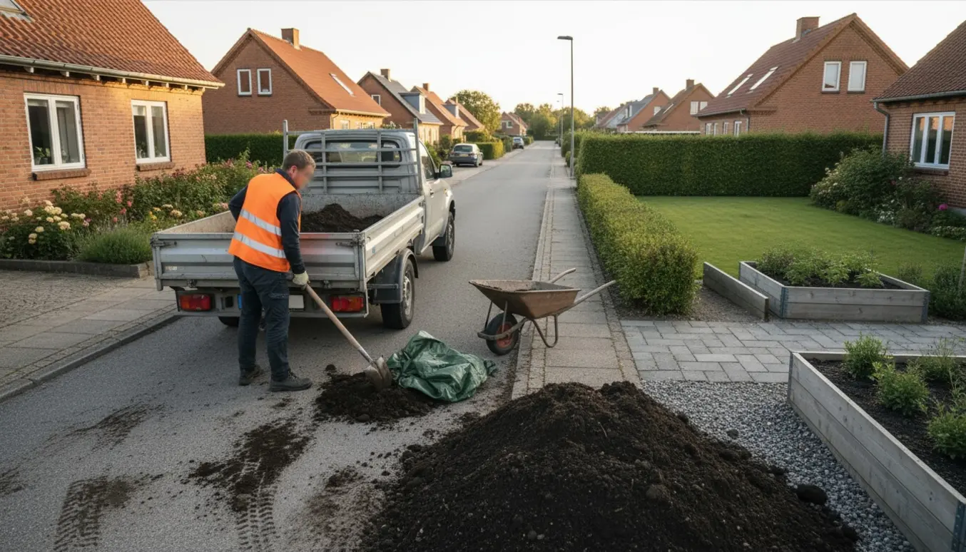Trailer fyldt med jord ved en privat indkørsel, klar til transport mellem to forstadshuse.