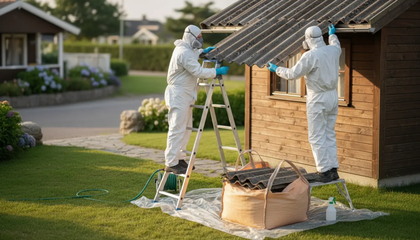To personer i værnedragter løfter eternittagplader ned fra et sommerhus og placerer dem i en bigbag ved vejkanten.